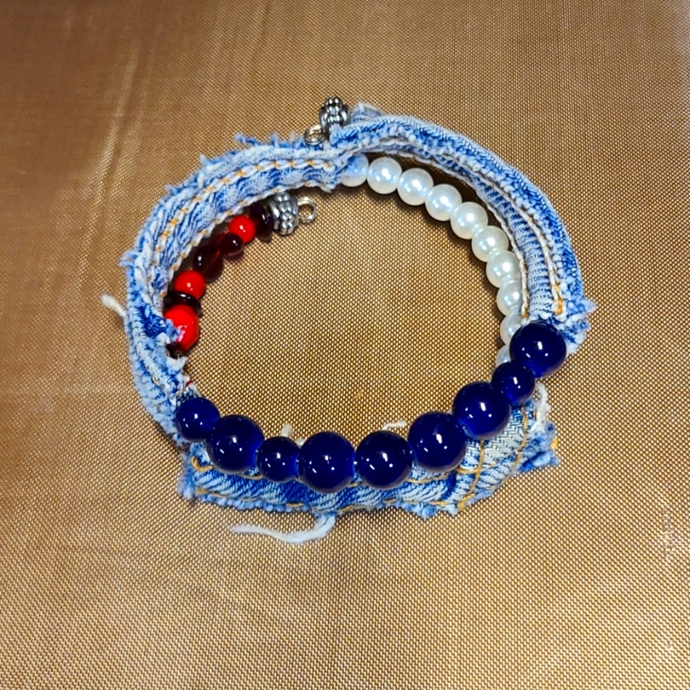 Red, white, blue & Denim 4th of July bracelet